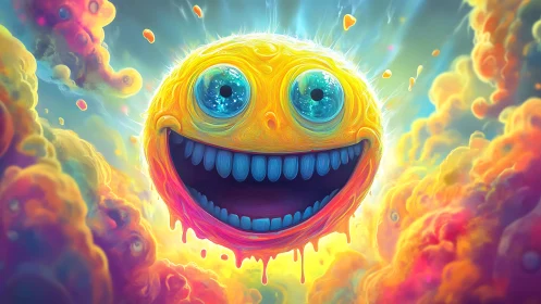 Smiling spherical character floats amid multicolored clouds