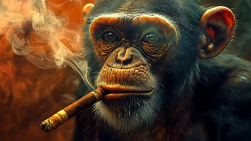 Cinematic chimpanzee portrait with cigar and glowing bokeh.