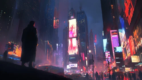 Lone drifter overlooking neon-drenched cyberpunk cityscape.