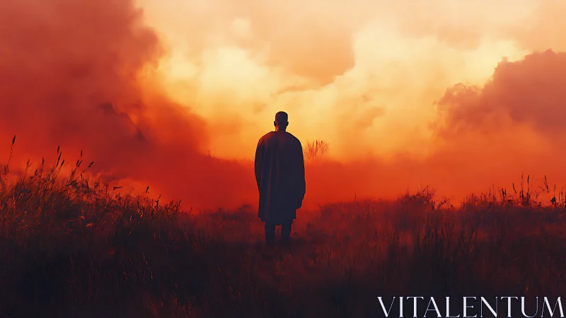 Solitary wanderer walks into a glowing, ember-bright horizon