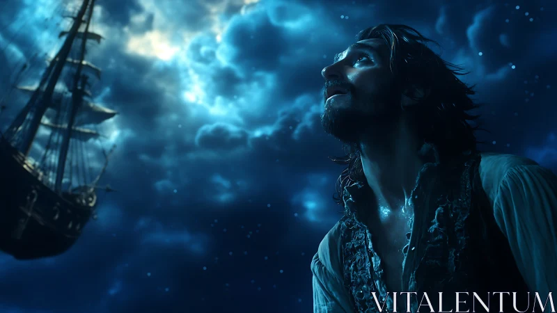 Moonlit sailor studies spectral galleon in cinematic seascape
