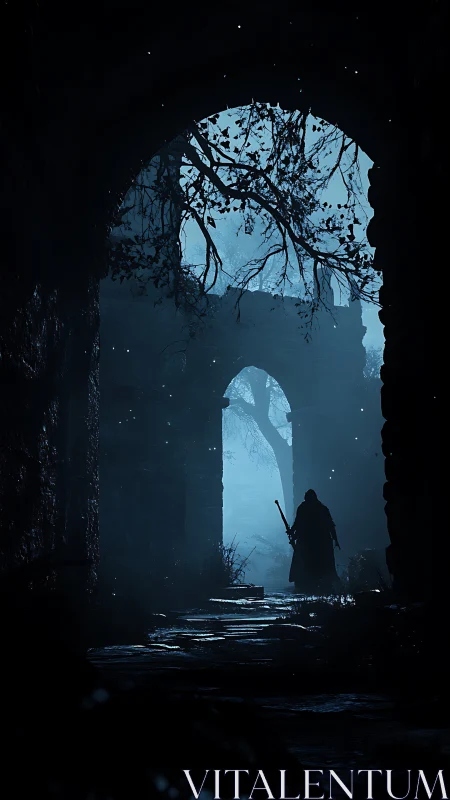 Nocturnal swordsman in misted ruin archway, volumetric moonlight.