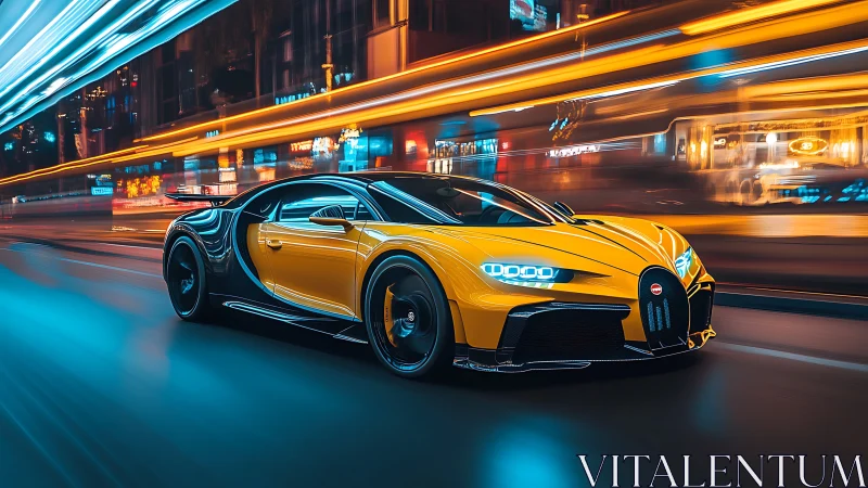 Yellow hypercar streaking through neon-soaked midnight streets.
