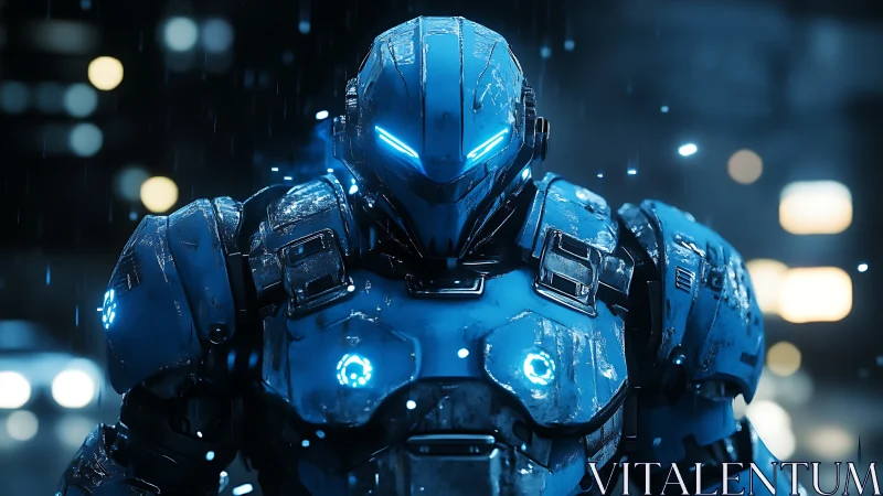 Armored blue cyber soldier stands in rainlit urban night