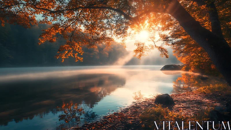 Sunlit autumn lakeside with mist and reflective water.