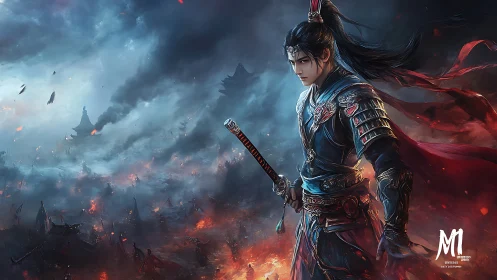 Armored warrior overlooking stormlit battlefield inferno.