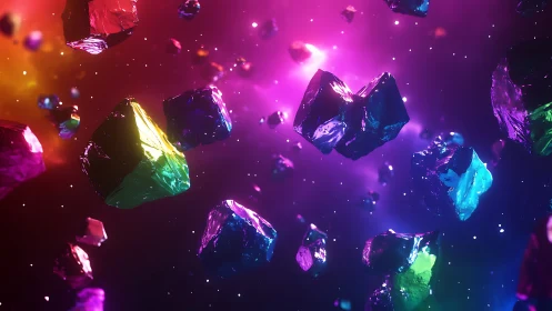 Floating iridescent crystal fragments in luminous void space.