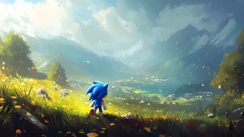 Blue hedgehog overlooking sunlit alpine valley landscape