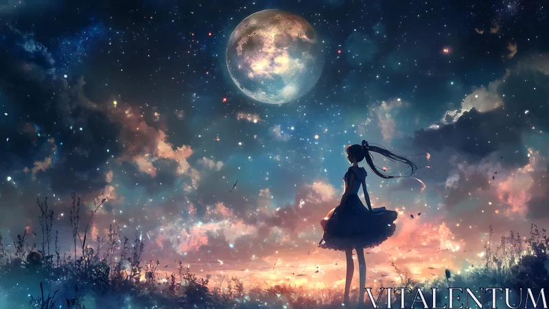 Girl in twilight field gazing up at a glowing moonlit sky.