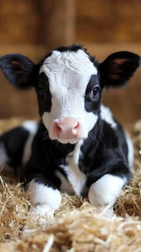 Holstein calf rests on straw under warm barn light.
