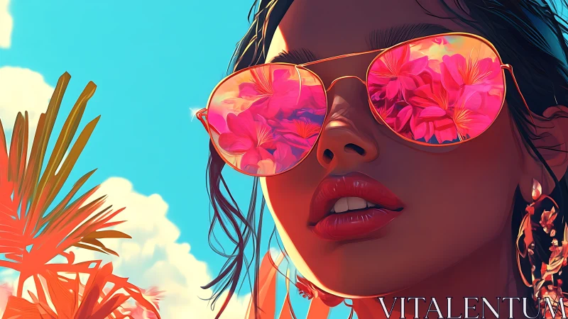 Woman in reflective floral sunglasses against blue sky.