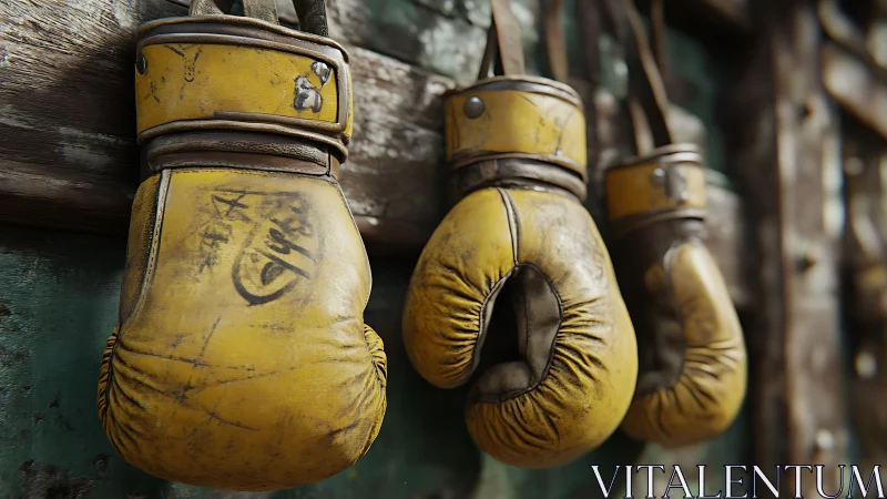 Weathered Boxing Gloves Hanging Together.