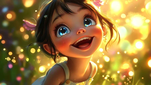 Child character illustration with luminous bokeh field background.