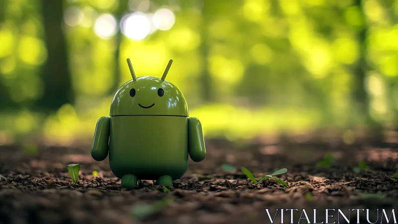 Android robot figurine standing on forest floor in sunlight.