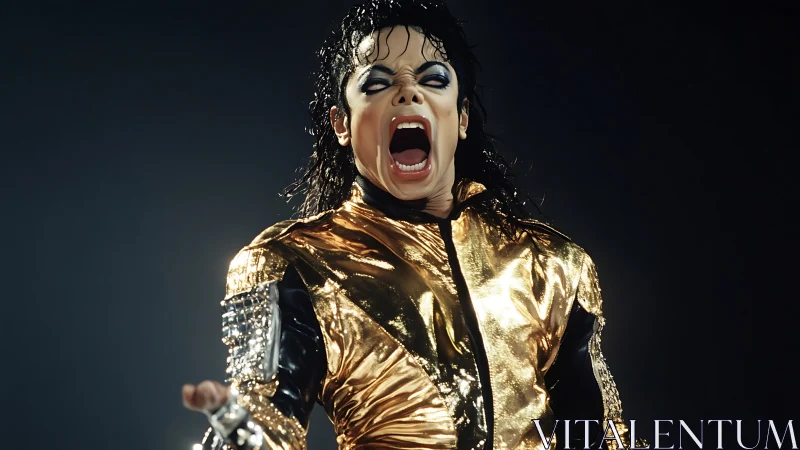 Electric stage performer in gold jacket commands spotlight.