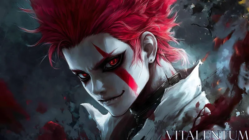 Red haired character portrait with facial markings in foggy scene.