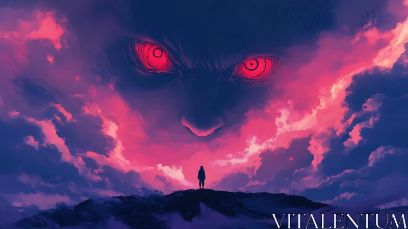 Solitary figure under ominous red-eyed storm deity in clouds