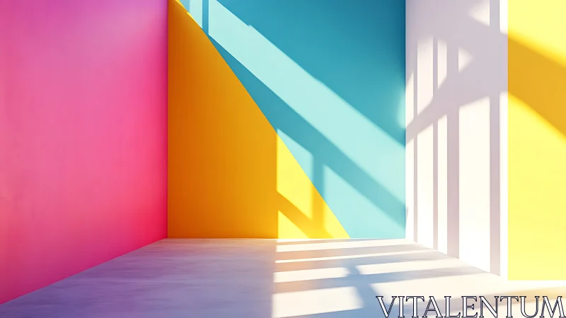 Geometric interior with colored walls and long window shadows.