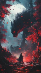 Lone cloaked warrior confronts giant wolf spirit under moon.