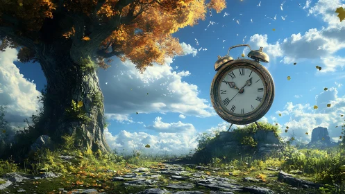 Autumn clock drifts through a windswept daylight dreamscape.