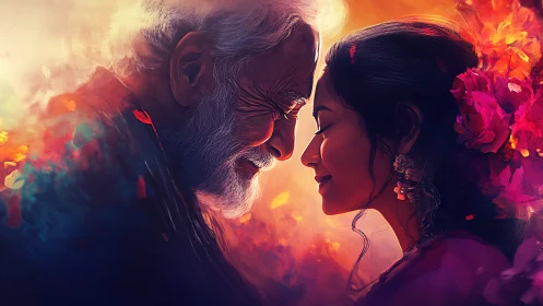 Digital portrait depicting two figures in profile against warm atmospheric lighting