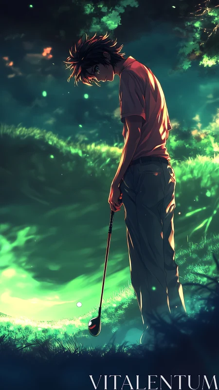 Twilight fairway pause with a thoughtful anime golfer.
