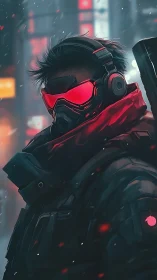 Cybernetic scout in neon snowstorm with luminous visor.