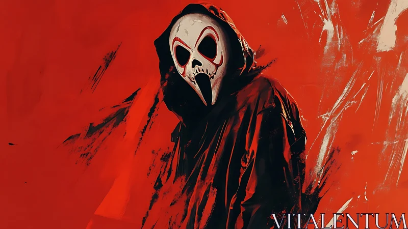 Hooded skull mask figure on intense red abstract ground.