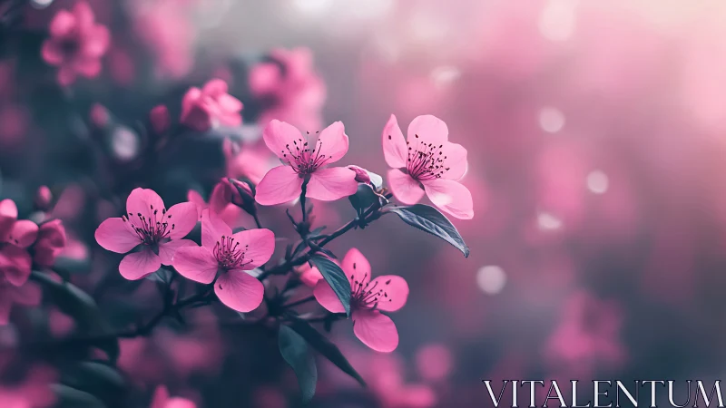 Pink Cherry Blossoms in Soft Focus Garden.