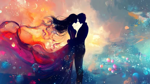 Silhouetted Couple Embracing Within Ethereal Luminescence and Chromatic Flux