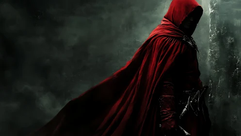 Hooded rogue in crimson cloak amid storm-darkened smoke.