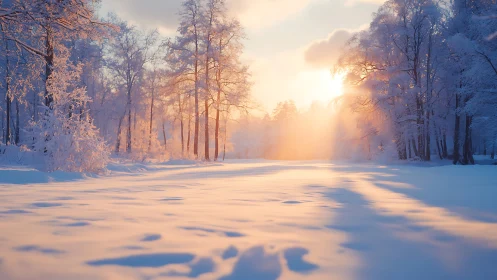Soft winter sunrise spills gentle light across quiet snow