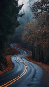 Wet mountain road curves through misty autumn forest