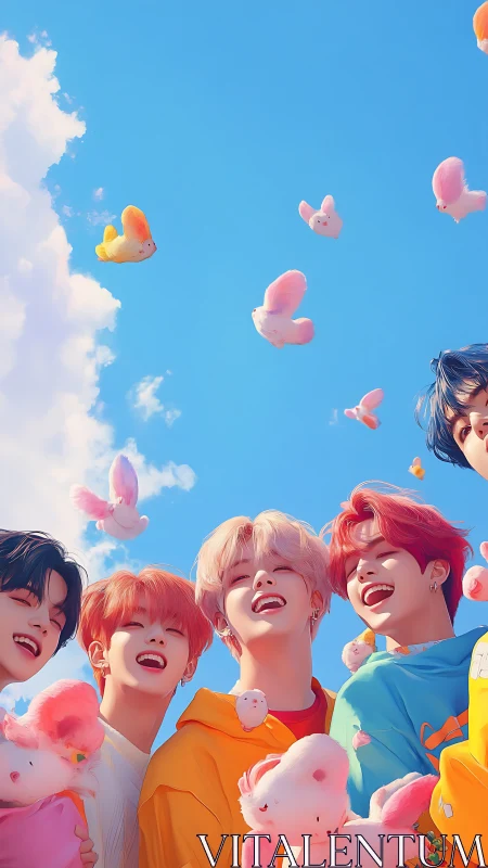 Group portrait with plush toys under clear blue sky.