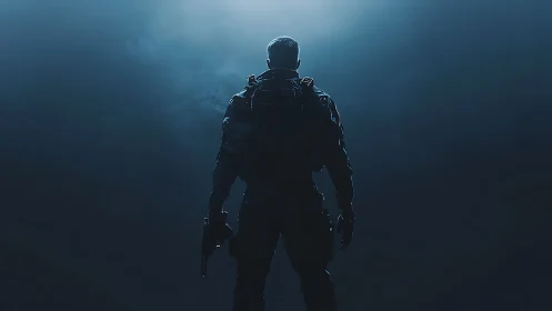 Backlit tactical soldier silhouette in deep atmospheric haze