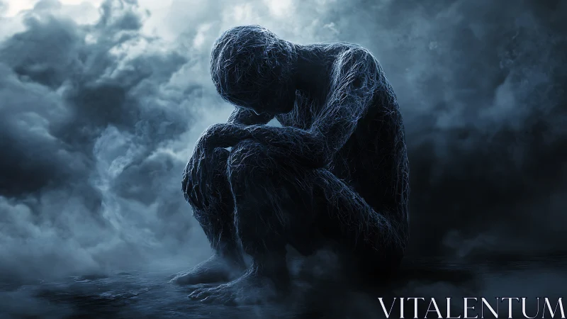 Wireframe figure in fog embodying digital isolation.