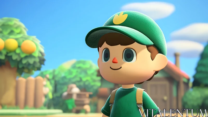 Stylized low-poly villager under soft daylight in lush village