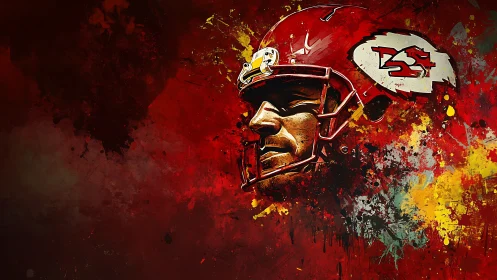 Helmeted football player portrait over red splatter background