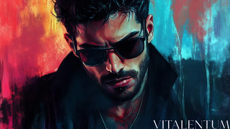 Moody portrait of man in sunglasses amid split neon haze.