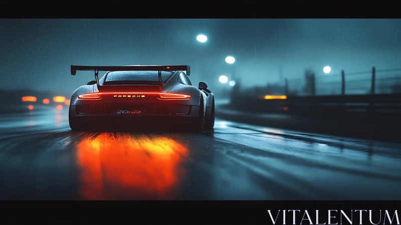 Rain-soaked Porsche GT3 tearing through neon-lit racetrack.