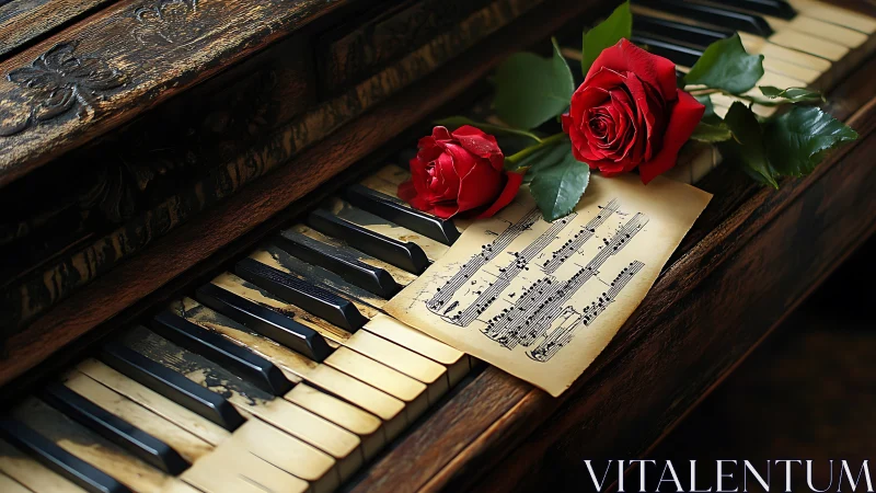 Red roses rest on worn piano keys beside aged score