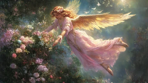 Golden-winged angel gliding over luminous rose garden at dawn