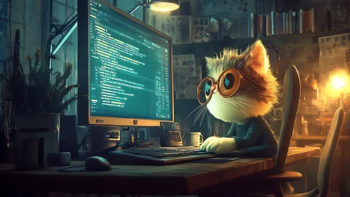 Curious coder cat calmly explores late night programming wonders