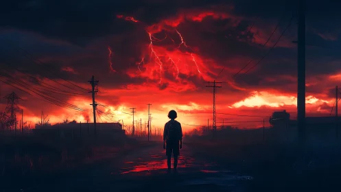 Lone child gazing at a storm lit sky of glowing red clouds.