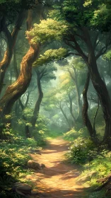 Luminous Woodland Cathedral: Sunlit Path Through Ancient Trees.