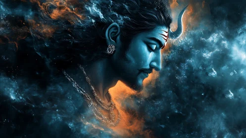 Celestial blue-faced deity drifting through ember clouds.