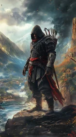 Hooded river rogue surveying a burning mountain kingdom.