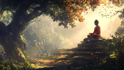 Monk meditating on forest cliff under warm sunlight glow.
