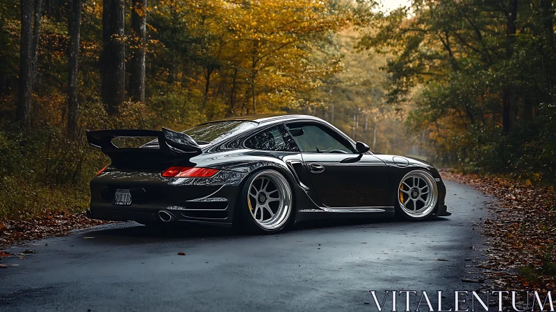 Modified black sports coupe on damp forest road at dusk.