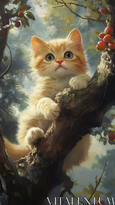 Orange and White Cat Perched on Branch Among Apple Tree Foliage